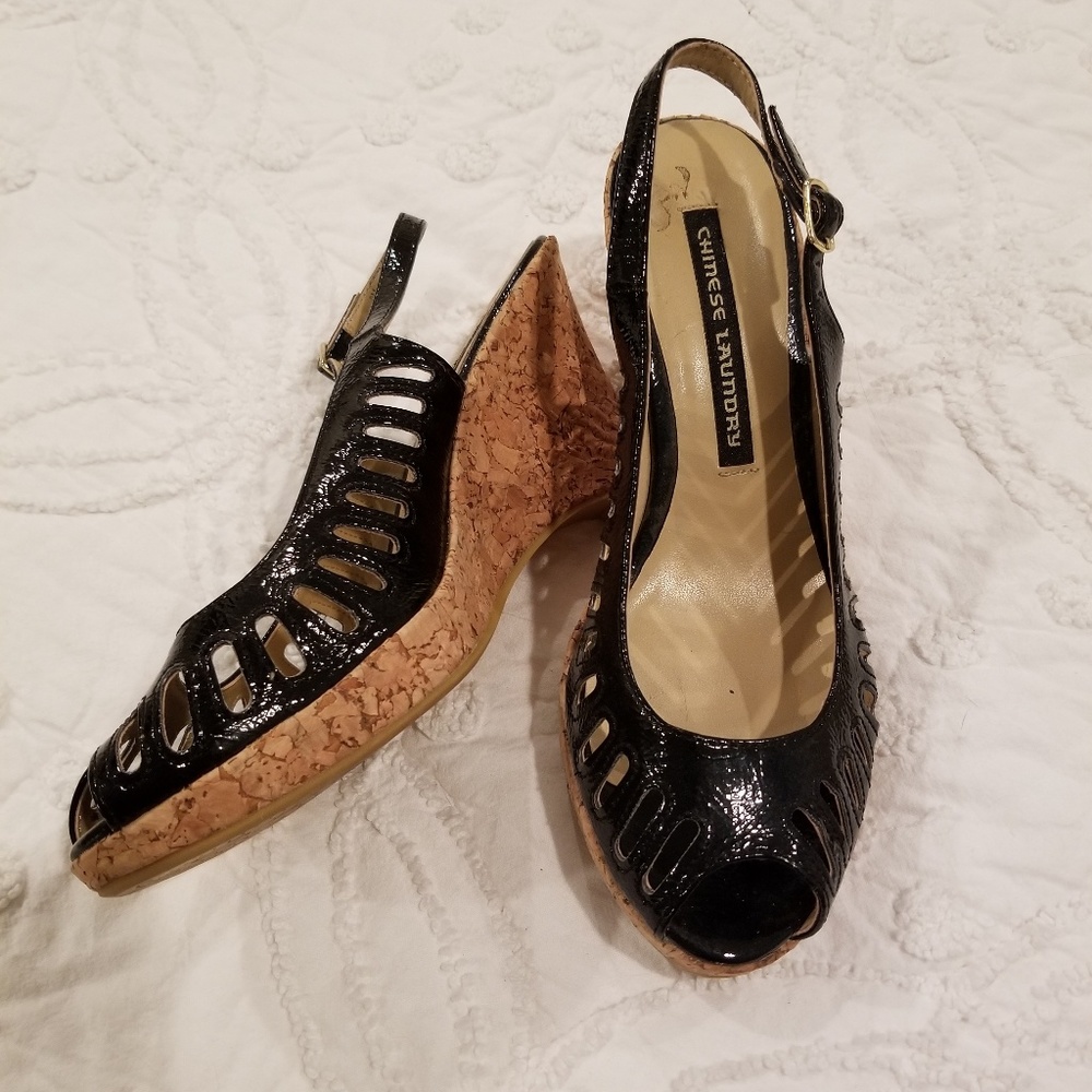 Black wedge peep toe sandals